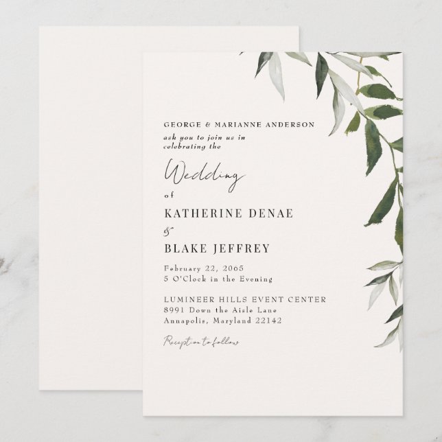 Convite Casamento Verde com Champanhe Claro (Frente/Verso)
