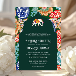 Convite Casamento Verde com Elefante Folk Indiano