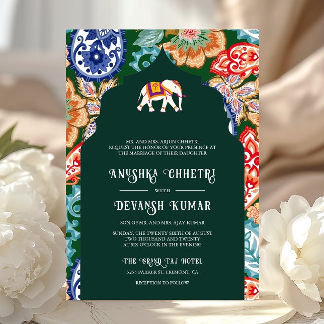 Convite Casamento Verde com Elefante Folk Indiano (Criador carregado)