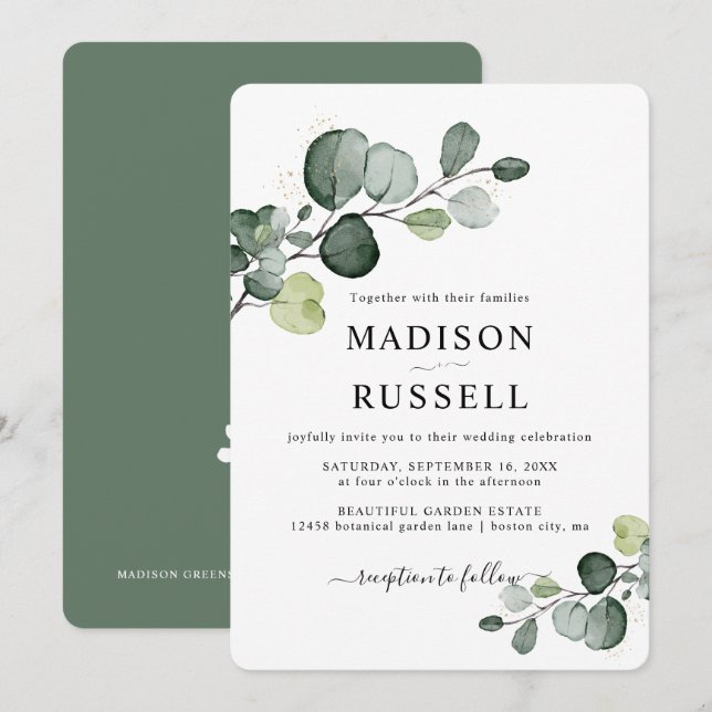 Convite Casamento Verde com Eucalipto Dourado (Frente/Verso)