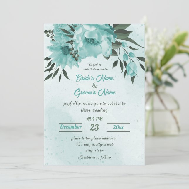 Convite casamento verde com flores azuis (Em pé/Frente)