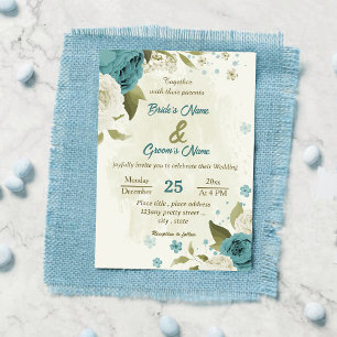 Convite casamento verde com flores brancas azuis