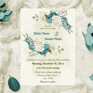 Convite casamento verde com flores brancas azuis