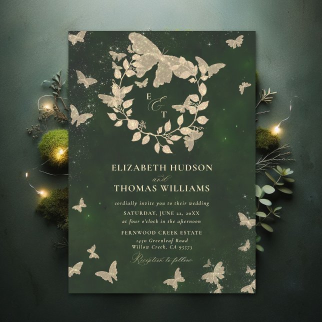 Convite Casamento Verde com Florestas Encantadas Borboleta (Enchanted Forest Hunter Green Greenery Crest Butterflies Gold Modern Calligraphy Wedding Invitation)