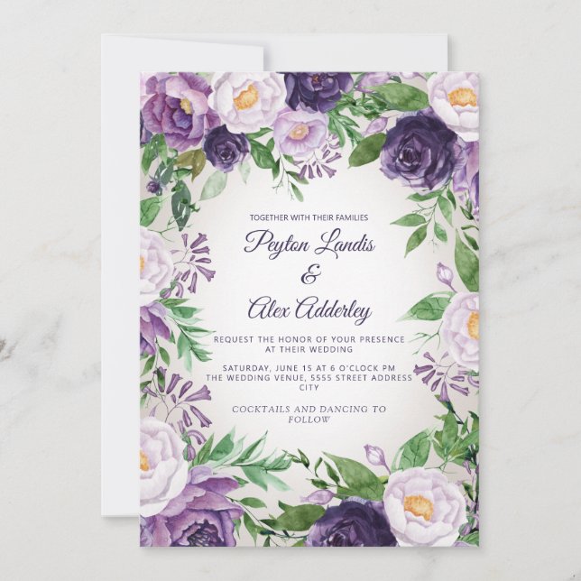 Convite Casamento Verde com Lavanda Roxa Elegante   (Frente)