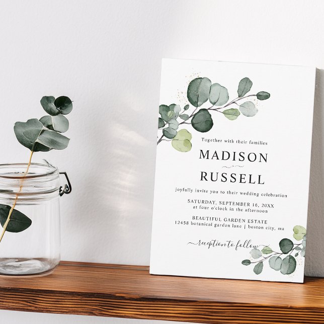 Convite Casamento Verde com Salpico de Eucalipto Dourado (Eucalyptus Gold Splatter Greenery Wedding Invitation)