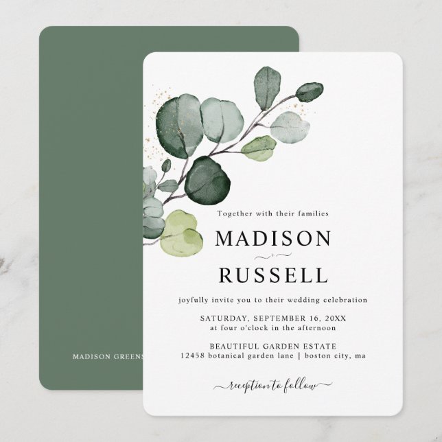 Convite Casamento Verde com Salpicos de Ouro de Eucalipto (Frente/Verso)
