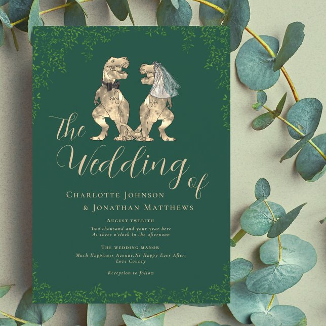 Convite Casamento Verde com Tema de Dinossauro (Dinosaur wedding green invitation T-Rex dino bride & groom modern elegant script eucalyptus foliage)