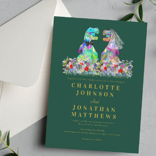 Convite Casamento Verde com Tema de Dinossauro e Flores Si