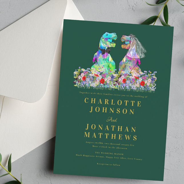 Convite Casamento Verde com Tema de Dinossauro e Flores Si (Colorful Dinosaur boho wildflower green and gold wedding invitation Fun T-Rex bride & Groom dino)