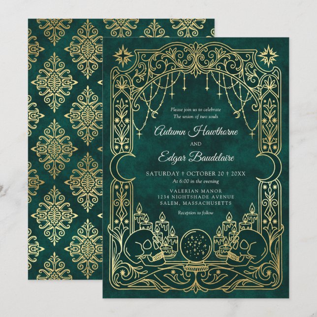 Convite Casamento Verde da Bruxa do Tarot Gótico (Frente/Verso)