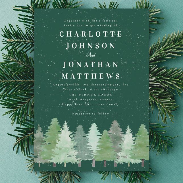 Convite Casamento Verde da Floresta de Inverno Elegante Mo (Modern Winter woodland green wedding invitation Minimalist watercolor fir tree pine forest snow )