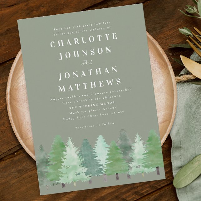Convite Casamento Verde da Floresta Florestal Moderna (Modern watercolor Woodland forest sage green wedding qr code invitation Elegant typography )