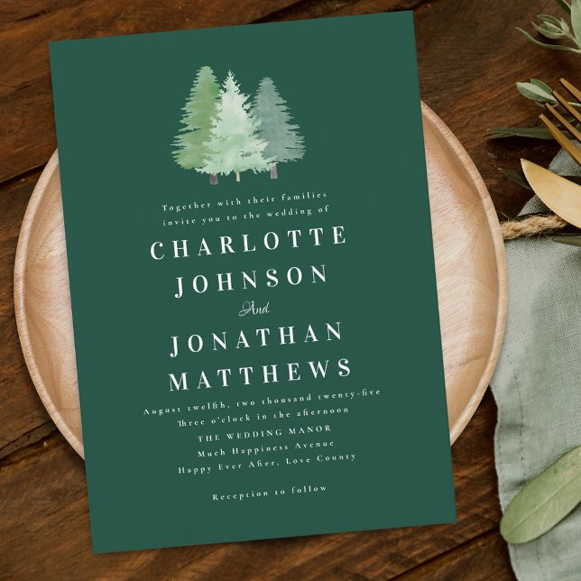Convite Casamento Verde da Floresta Solar Simples (Modern simple woodland forest elegant green wedding invitation Watercolor evergreen pine fir trees)
