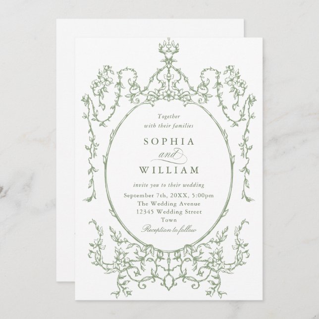 Convite Casamento Verde da Ornamentado Vitoriana Grace Flo (Frente/Verso)