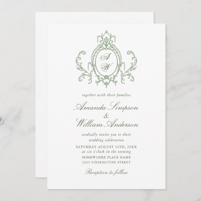 Convite Casamento Verde da Ornamentado Vitoriana Grace Flo (Frente/Verso)