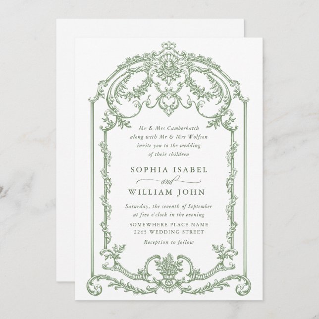 Convite Casamento Verde da Ornamentado Vitoriana Grace Flo (Frente/Verso)