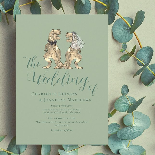 Convite Casamento Verde da Sage do Tema Dinossauro (Dinosaur theme wedding sage green elegant modern script invitation fun T-Rex bride and groom)