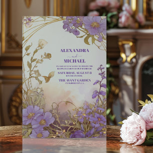 Convite Casamento verde das flores de aquarela púrpura Ele