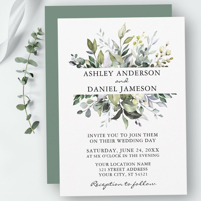Convite Casamento Verde De Aquarela De Greenery Botânico S (Customize to change text color, style, add text & photos to back or change color of back of card.)