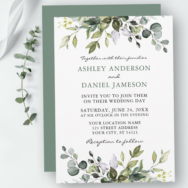 Convite Casamento Verde De Aquarela De Greenery Botânico S (Customize to change text color, style, add text & photos to back or change color of back of card.)