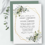 Convite Casamento Verde de Aquarela Verde Geométrico Sage<br><div class="desc">O Cartão de Convite para Casamento de Cores Biológicas Elegantes Modernos inclui folhas de eucalipto,  folhagem botânica verde,  folhas azuis empoeiradas e outros belos lençóis botânicos. Quadro Geométrico Dourado,  Verde Sage</div>
