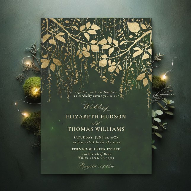 Convite Casamento Verde De Caçador De Folhas Douradas De F (Enchanted Forest Hunter Green Draped Greenery Modern Calligraphy Elegant Formal Wedding Invitation)