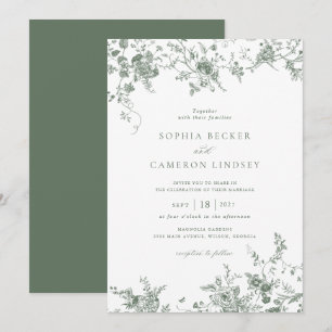Convite Casamento Verde de Elegante Vintage Floral Sage