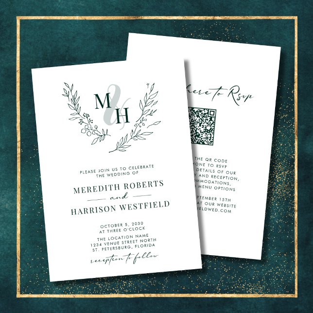 Convite Casamento Verde de Esmeralda de Monograma (Elegant Monogram Laurel Wreath Emerald Green QR Code Double Sided Wedding Invitation)