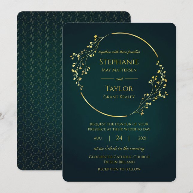 Convite Casamento Verde de Eucalyptus Dourado moderno (Frente/Verso)