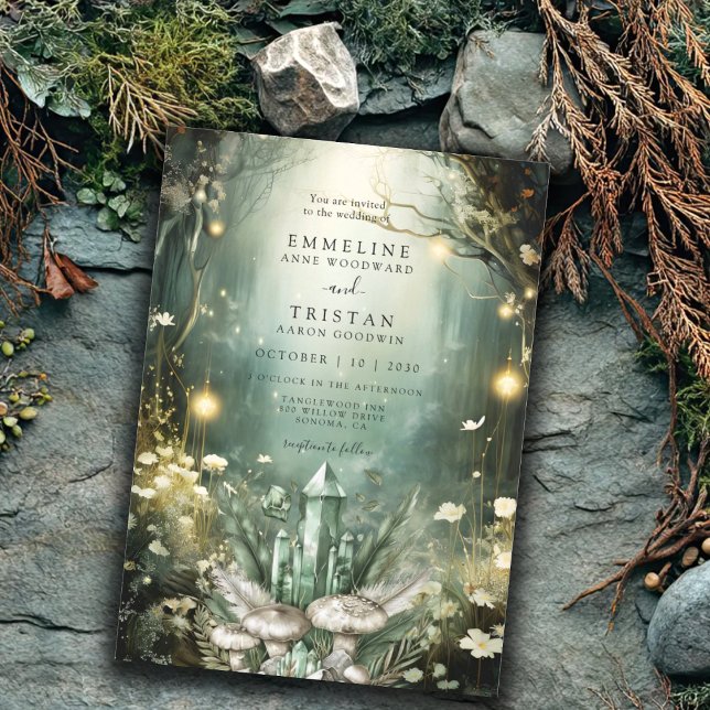 Convite Casamento Verde de Floresta Cristal Encantada (Criador carregado)