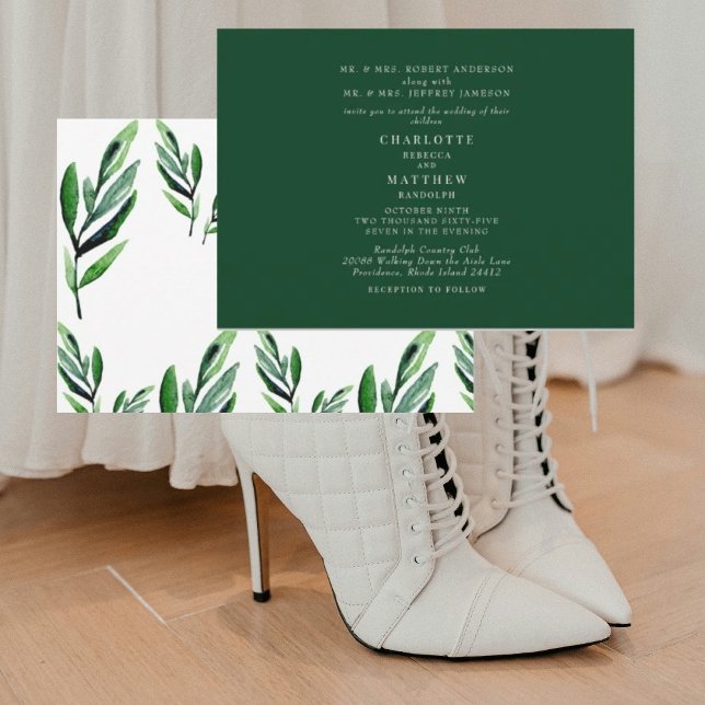 Convite Casamento Verde de Folhagem de Aquarela Contemporâ (Criador carregado)