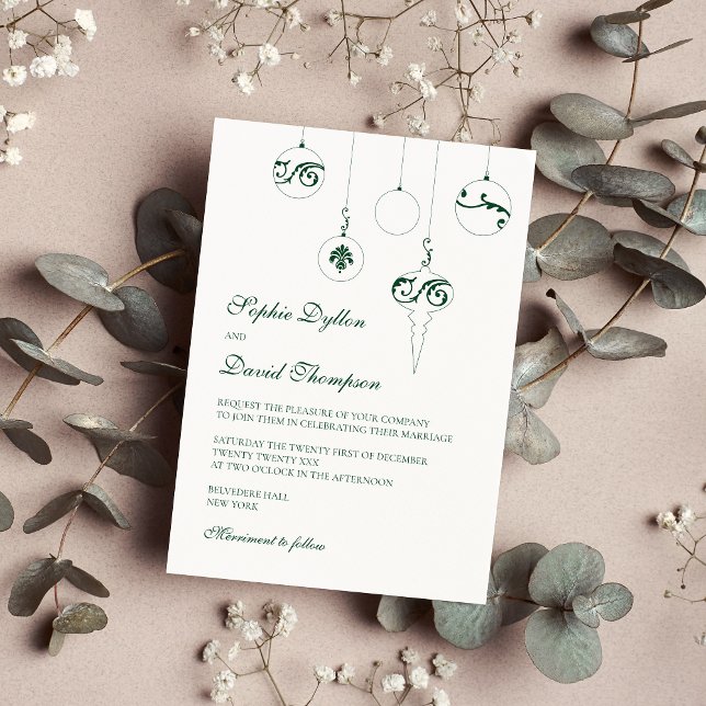 Convite Casamento Verde de inverno em Bauble Ornaments (Christmas Wedding Bauble - Winter Green Wedding Invitation)
