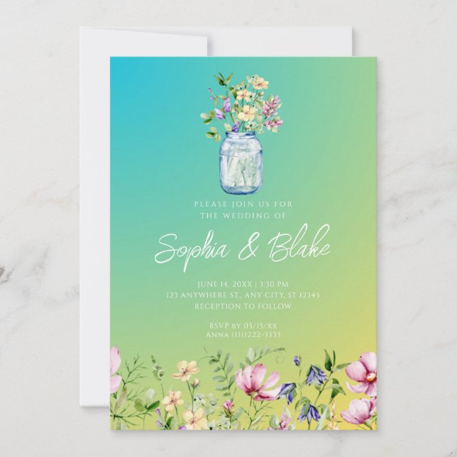 Convite Casamento Verde de Ombre Russo de Mason Jar Wildfl (Frente)