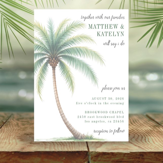 Convite Casamento Verde de Palm Tree Tropical Island Water (Palm Tree Island Destination Wedding Invitation)