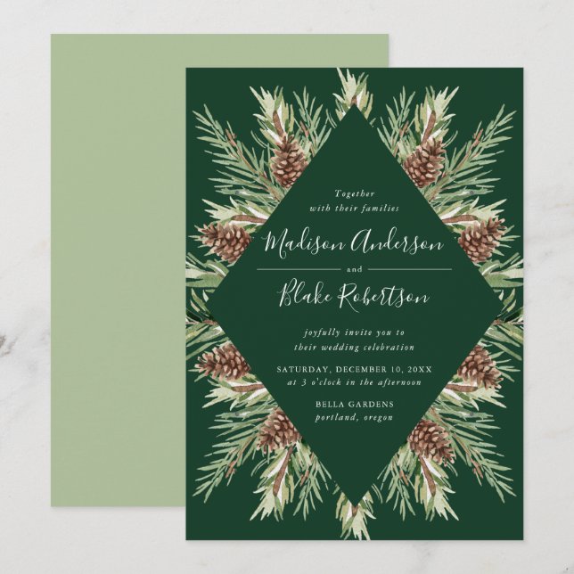 Convite Casamento Verde de Pine Cone de Pinho Aquático de  (Frente/Verso)