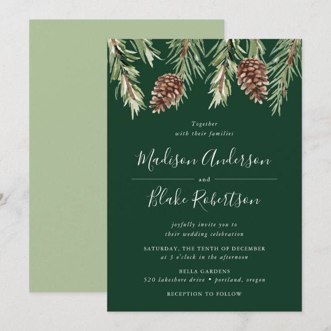Convite Casamento Verde De Pine De Água De Inverno (Frente/Verso)