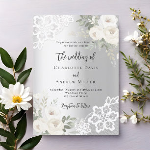 Convite Casamento verde de rosas brancas prateadas