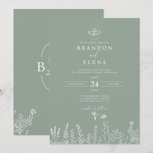 Convite Casamento Verde De Sage Botânica Simples Elegante (Frente/Verso)