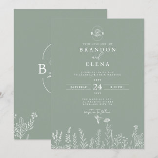 Convite Casamento Verde De Sage Botânica Simples Elegante