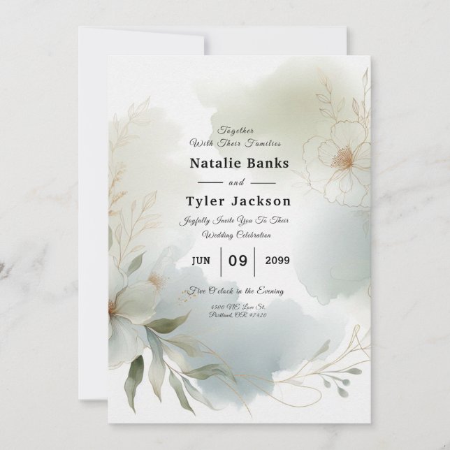 Convite Casamento Verde de Sage Floral de Molho (Frente)