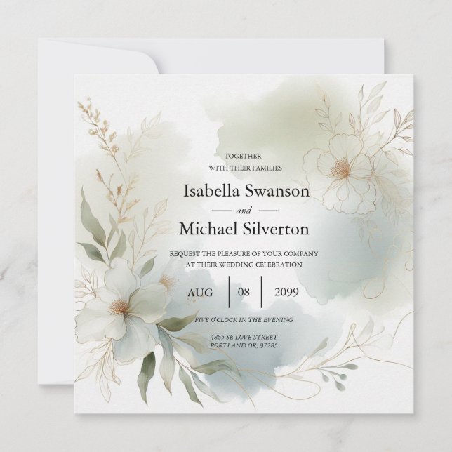 Convite Casamento Verde de Sage Floral de Molho (Frente)