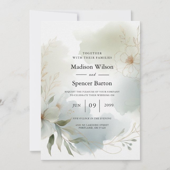 Convite Casamento Verde de Sage Floral de Molho (Frente)