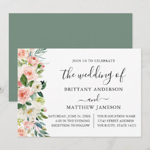 Convite Casamento Verde De Sage Floral Floral, Cor-De-Água