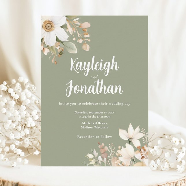 Convite Casamento Verde de Sage Floral Floral Modern Water (Criador carregado)