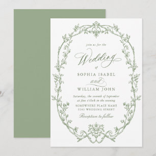 Convite Casamento Verde de Sage Floral Ornamentado Vitoria