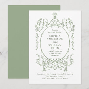 Convite Casamento Verde de Sage Floral Ornamentado Vitoria