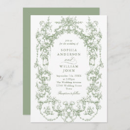 Convite Casamento Verde de Sage Floral Ornamentado Vitoria