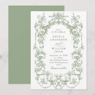 Convite Casamento Verde de Sage Floral Ornamentado Vitoria