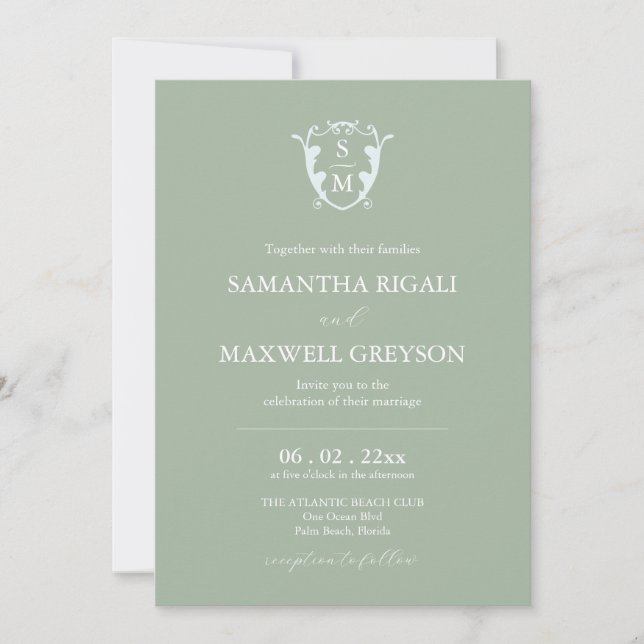 Convite Casamento Verde de Sage Personalizável em Paixão M (Frente)